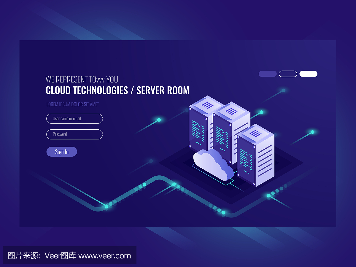 云數據中心、服務器室圖標、信息請求處理、計算機技術、等距矢量紫外